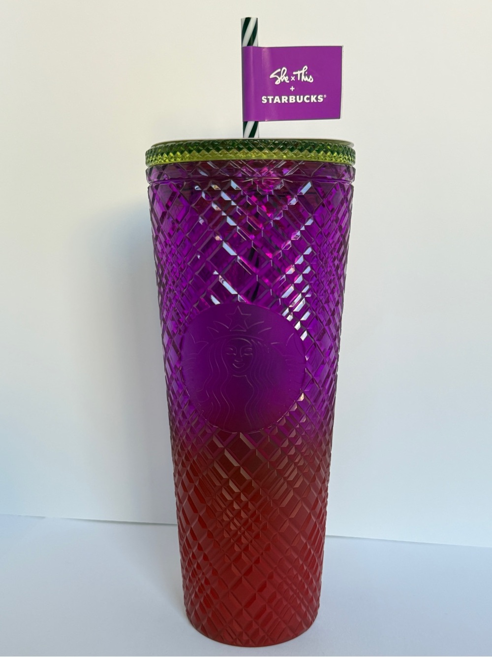 Starbucks x She+This Purple & Red Ombre Textured Tumbler with Green Rim & Straw